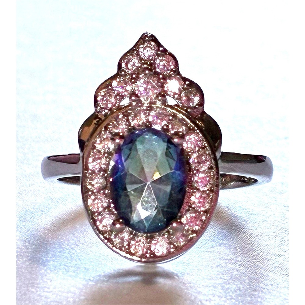 Vintage Sterling Silver Blue Rainbow Flash Oval Halo Tiara Crown Ring Size 6.25